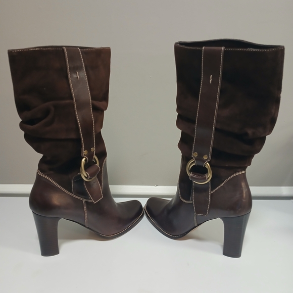 Nine West Shoes - Chocolate Brown Suede & Leather Stacked Heel Mid Calf Boots 10M